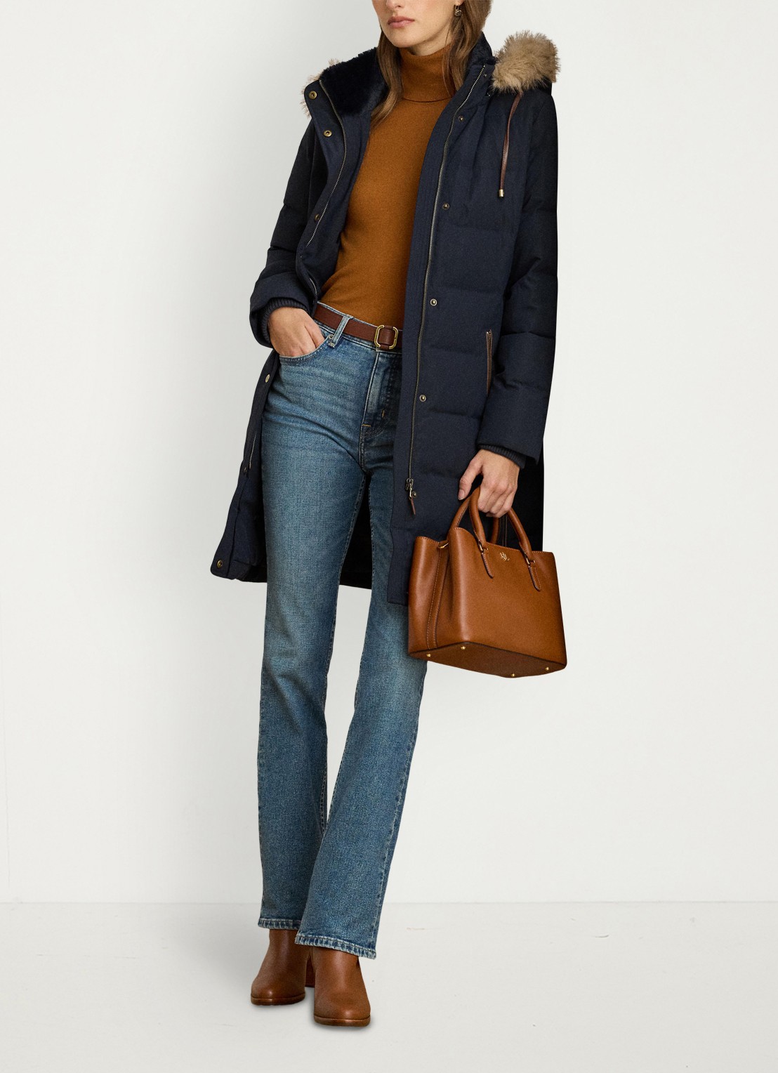 Ralph Lauren Donsjas met capuchon en imitatiebont - voorkant 2 blauw