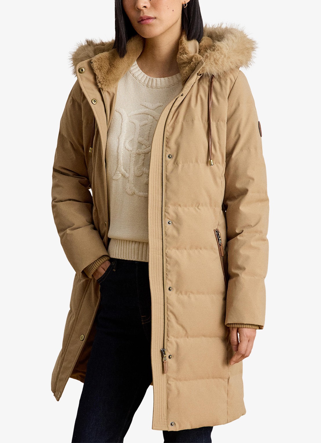 Ralph Lauren Donsjas met capuchon en imitatiebont - detail 4 camel