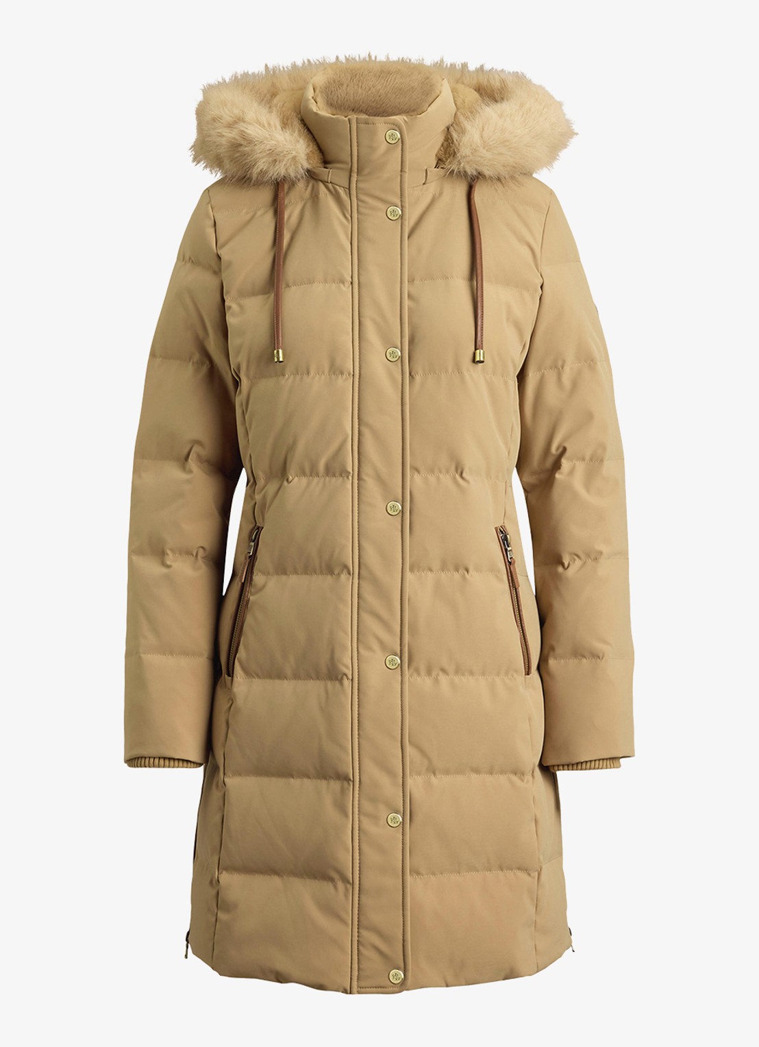 Ralph Lauren Donsjas met capuchon en imitatiebont - voorkant camel