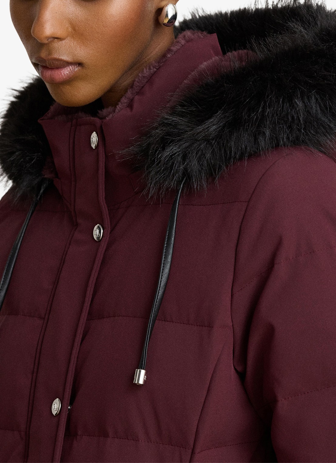 Ralph Lauren Donsjas met capuchon en imitatiebont - detail 4 dark garnet / bordeauxrood