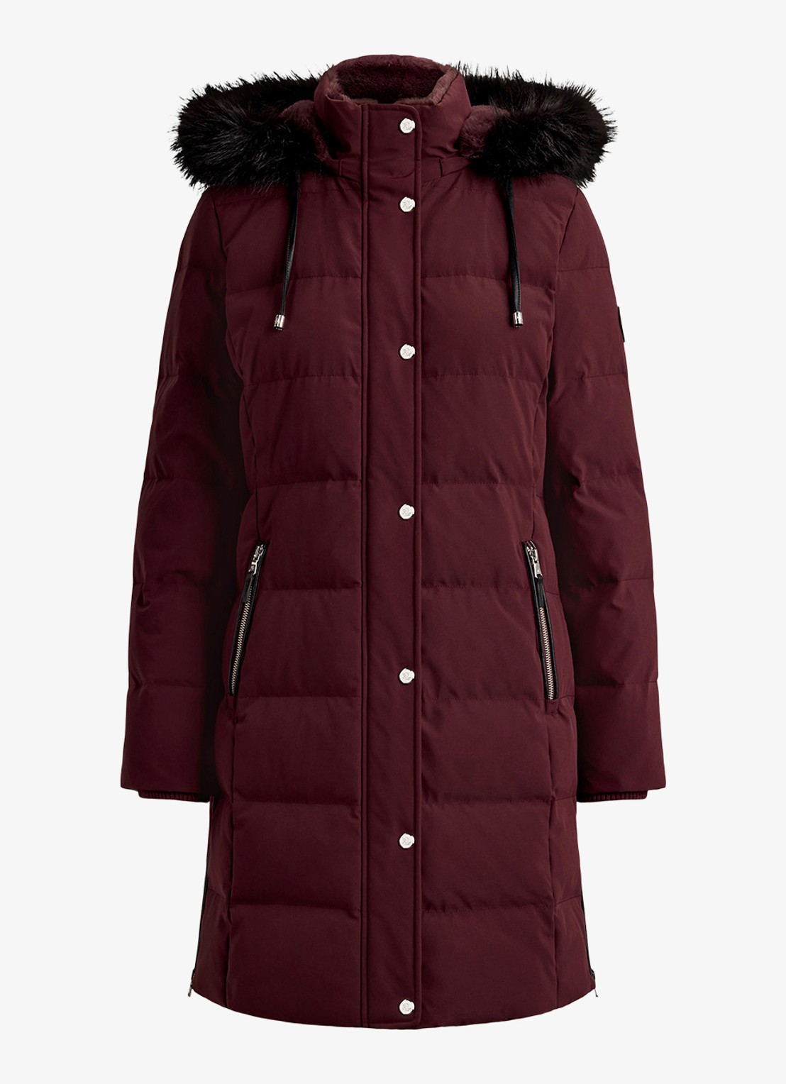 Ralph Lauren Donsjas met capuchon en imitatiebont - voorkant dark garnet / bordeauxrood