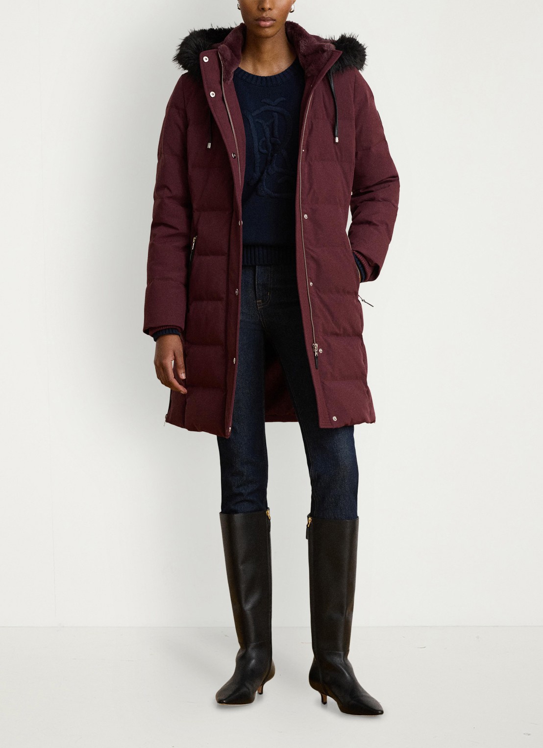 Ralph Lauren Donsjas met capuchon en imitatiebont - voorkant 2 dark garnet / bordeauxrood