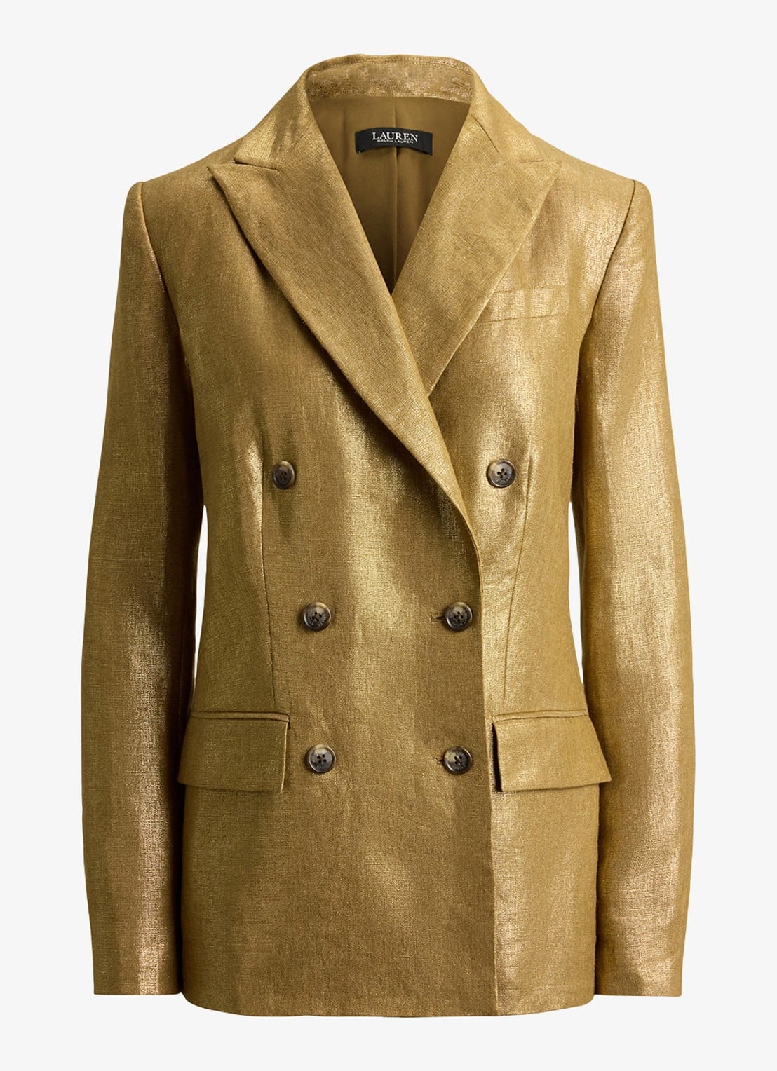 Ralph Lauren Double-breasted blazer in linnenblend met metallic finish - voorkant 4 brown/gold foil / bruin