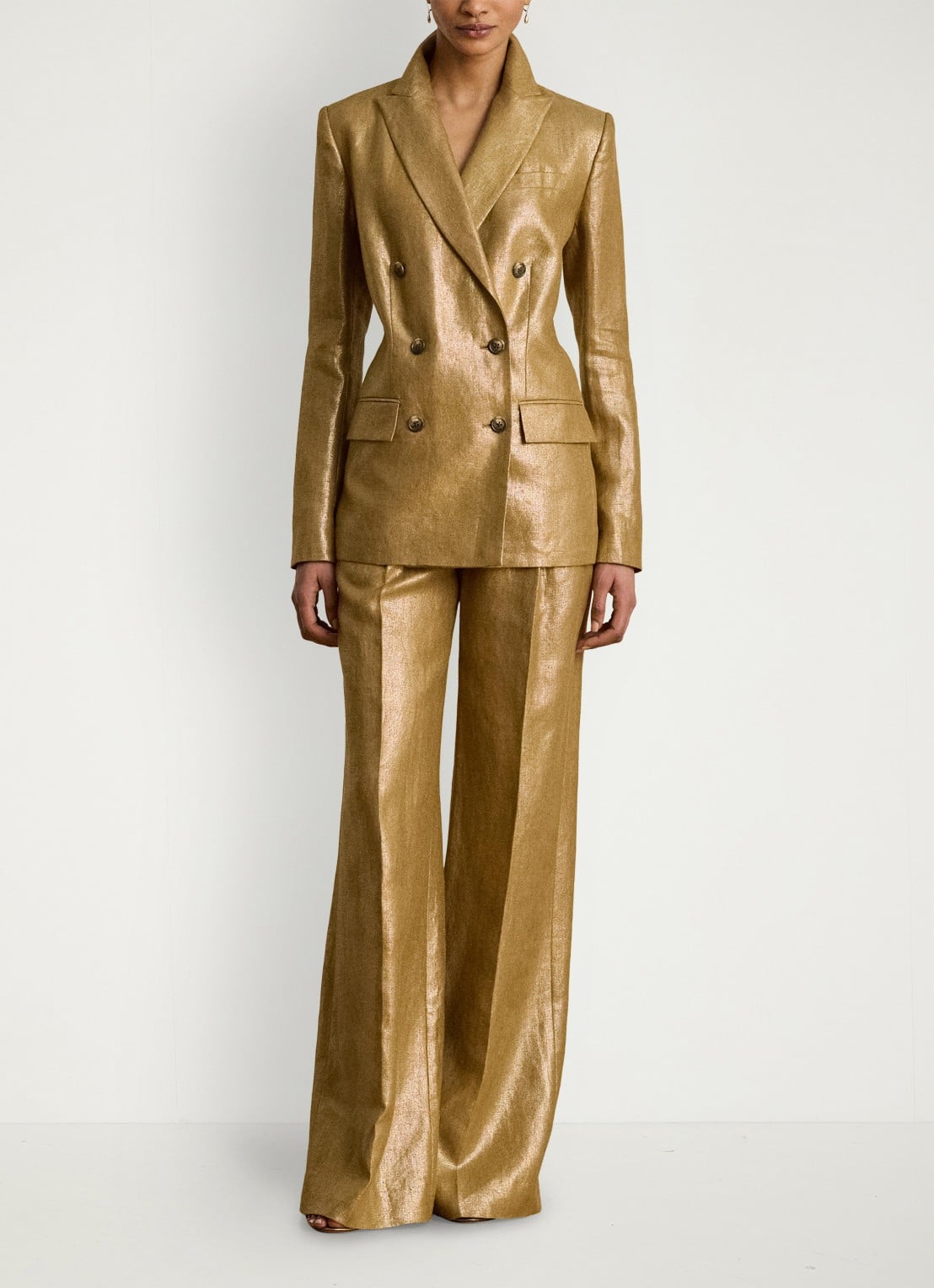 Ralph Lauren Double-breasted blazer in linnenblend met metallic finish - voorkant 5 brown/gold foil / bruin