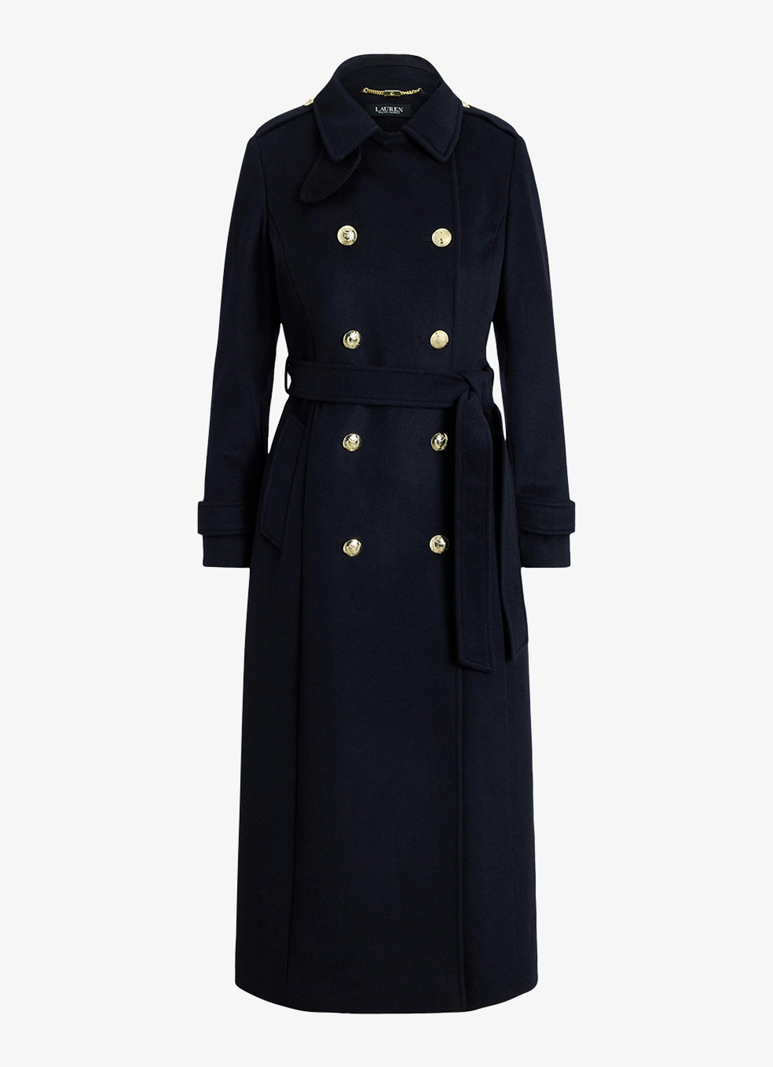 Ralph Lauren Double-breasted mantel in kasjmierblend met strikceintuur - voorkant 2 regal navy / blauw