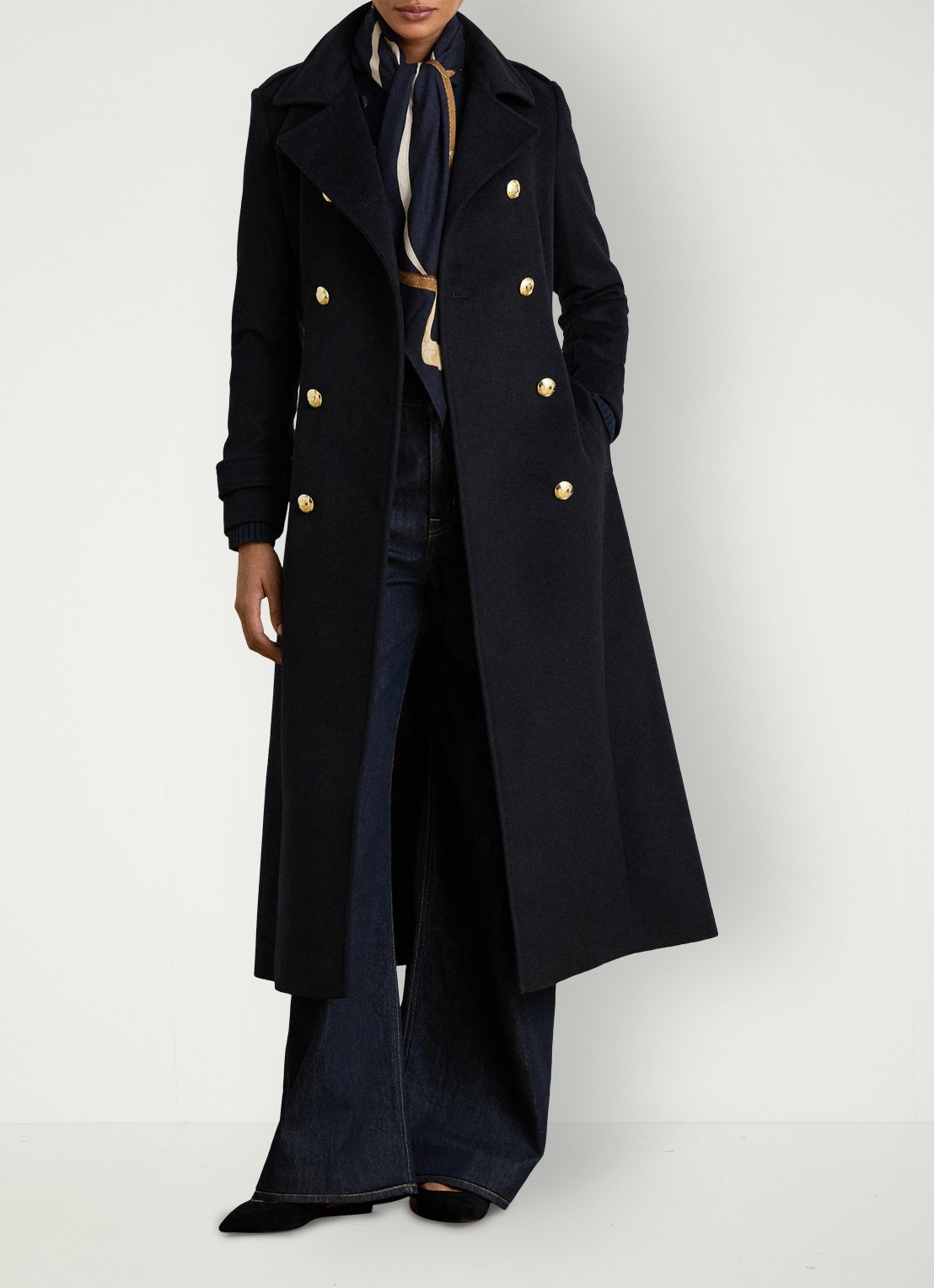Ralph Lauren Double-breasted mantel in kasjmierblend met strikceintuur - voorkant 3 regal navy / blauw
