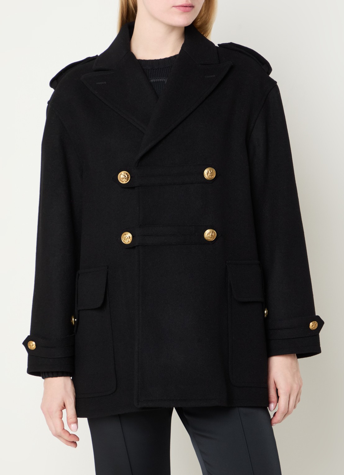 Ralph Lauren Double-breasted mantel van wol met klepzakken - detail 3 zwart
