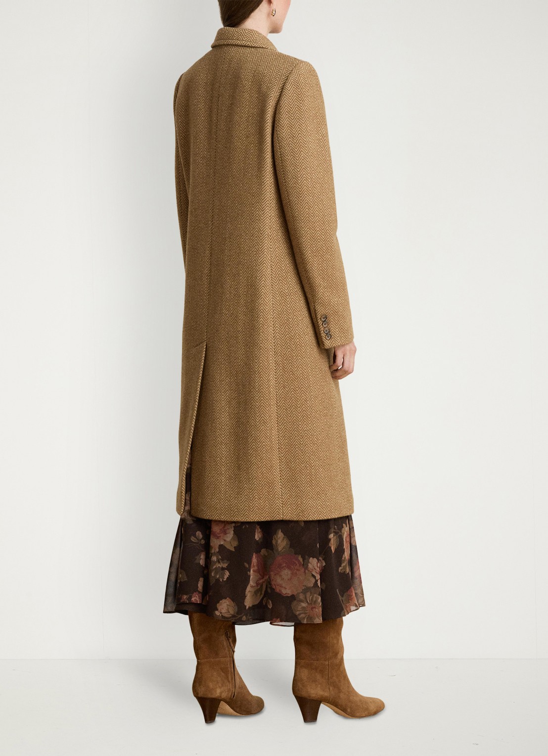 Ralph Lauren Double-breasted trenchcoat in wolblend met visgraat dessin - achterkant 3 brown/tan multi / bruin