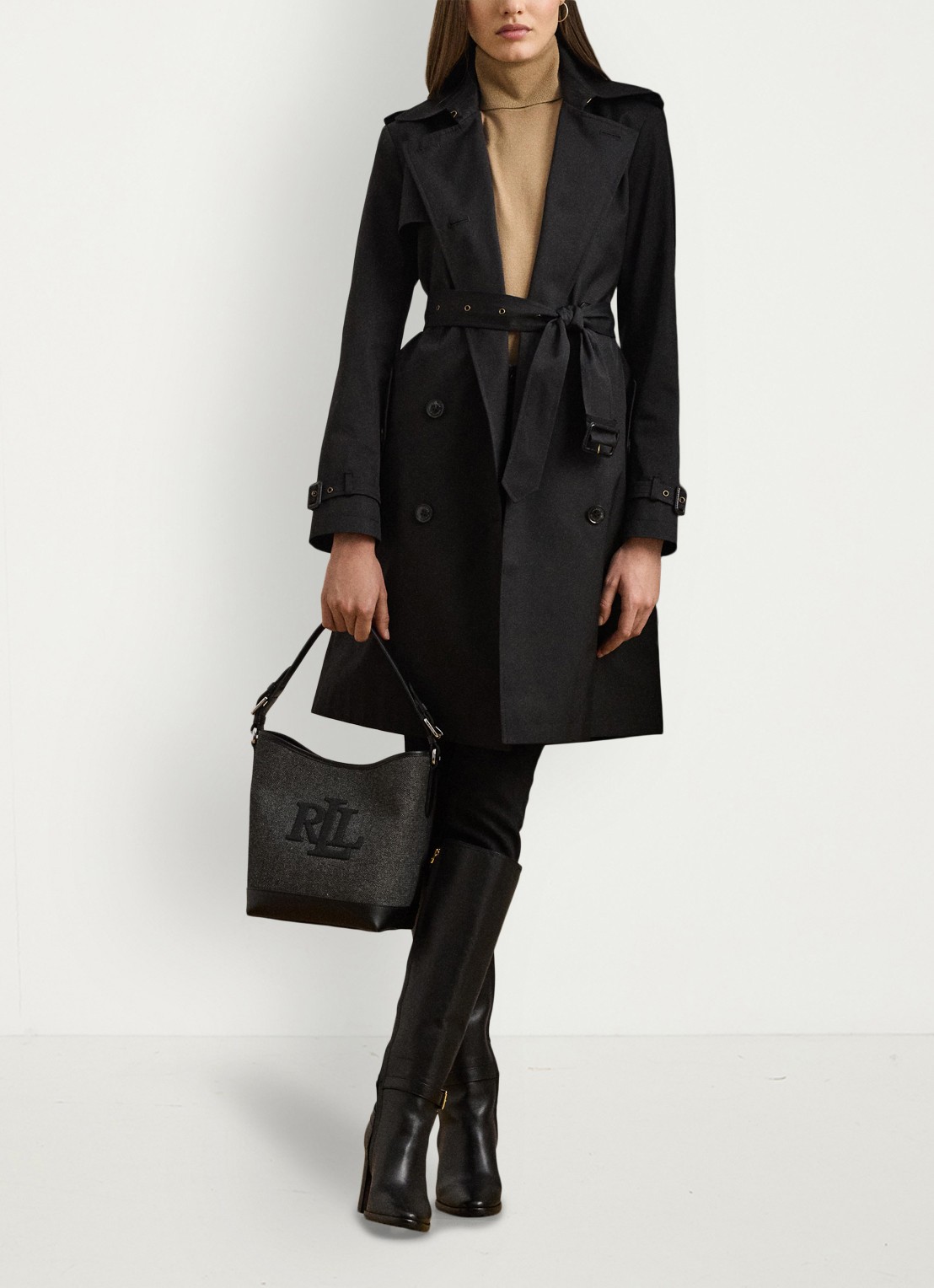Ralph Lauren Double-breasted trenchcoat met ceintuur - voorkant 3 black-2wah / zwart