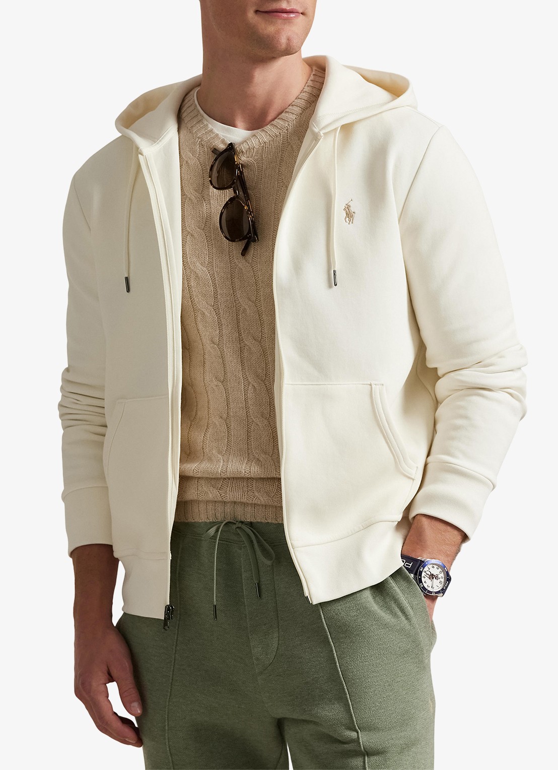 Ralph Lauren Double-knit hoodie met volledige rits - detail pale cream / creme