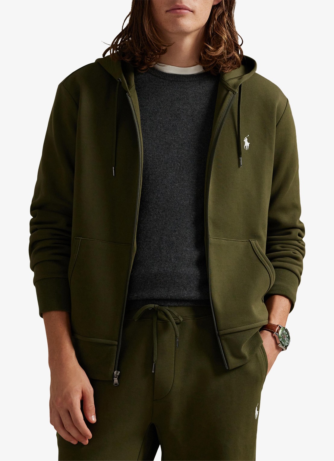 Ralph Lauren Double-knit hoodie met volledige rits - detail company olive / olijfgroen