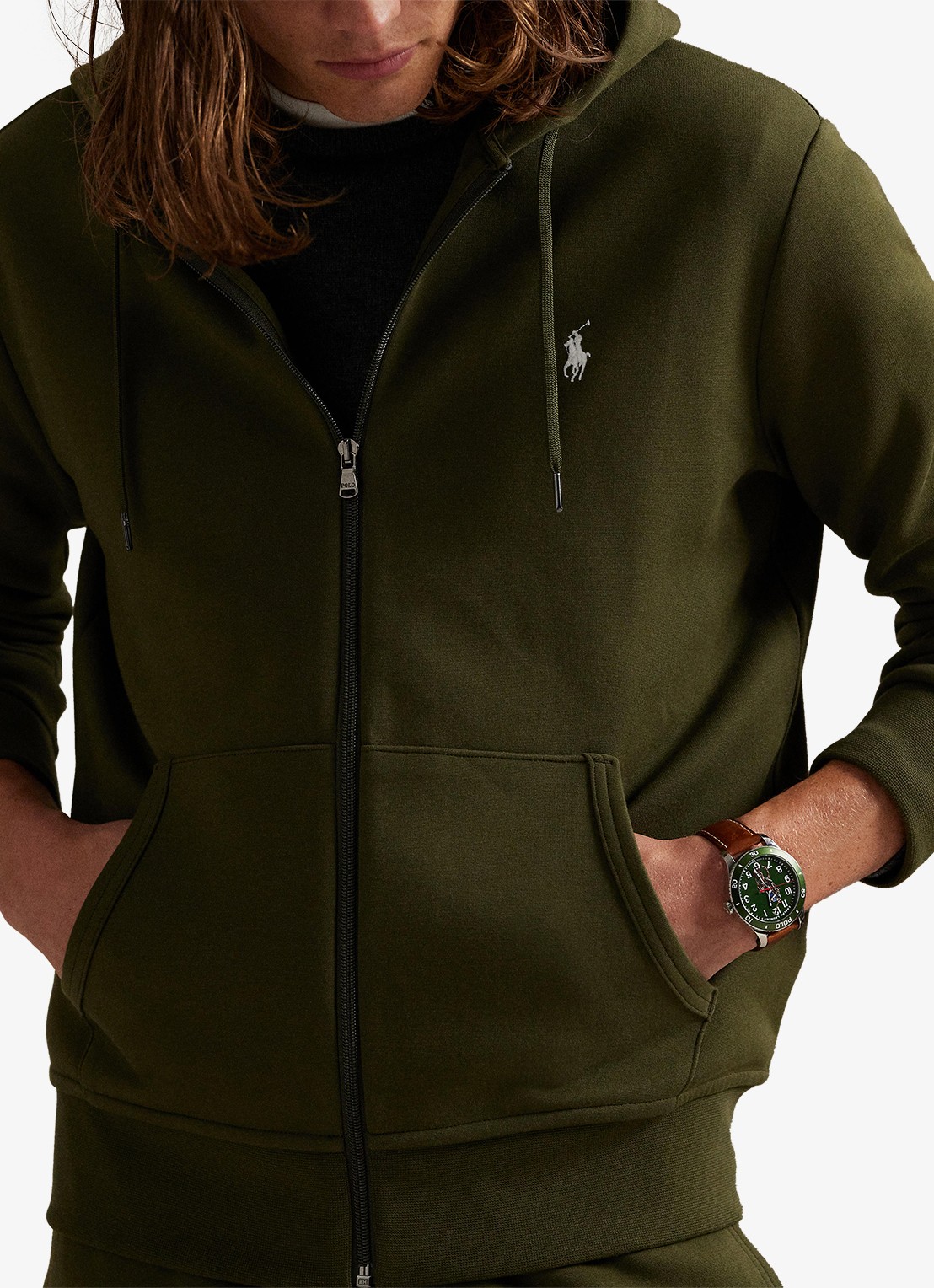 Ralph Lauren Double-knit hoodie met volledige rits - detail 2 company olive / olijfgroen