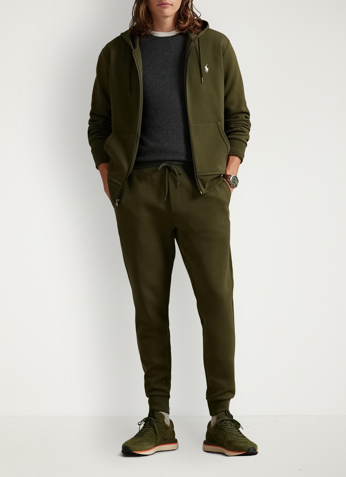 Ralph Lauren Double-knit hoodie met volledige rits - voorkant 4 company olive / olijfgroen