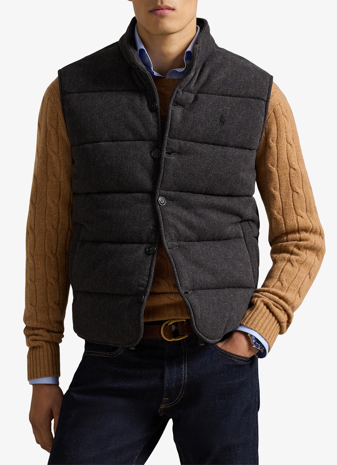 Ralph Lauren Estate-rib bodywarmer met visgraatprint - detail 4 donkergrijs