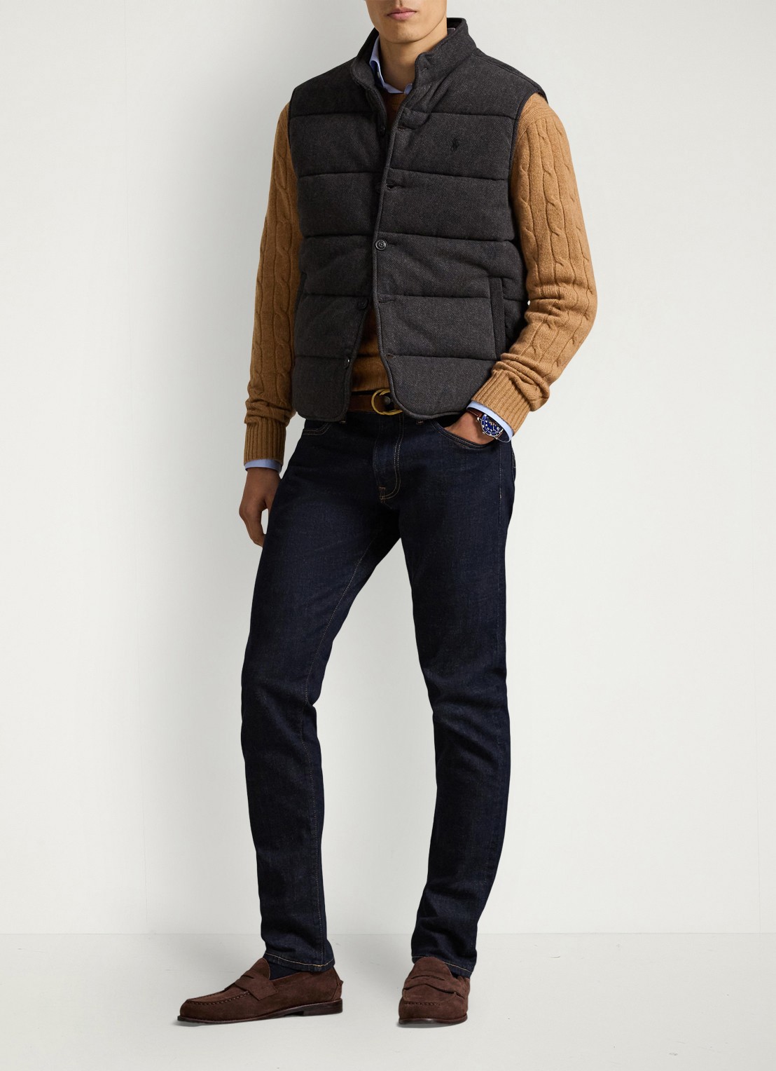 Ralph Lauren Estate-rib bodywarmer met visgraatprint - voorkant 3 donkergrijs