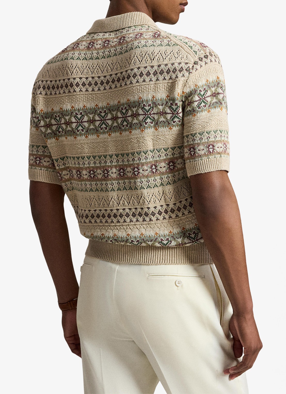 Ralph Lauren Fair Isle fijngebreide slim fit polo in linnenblend met ingebreid patroon - achterkant 5 tan combo / beige