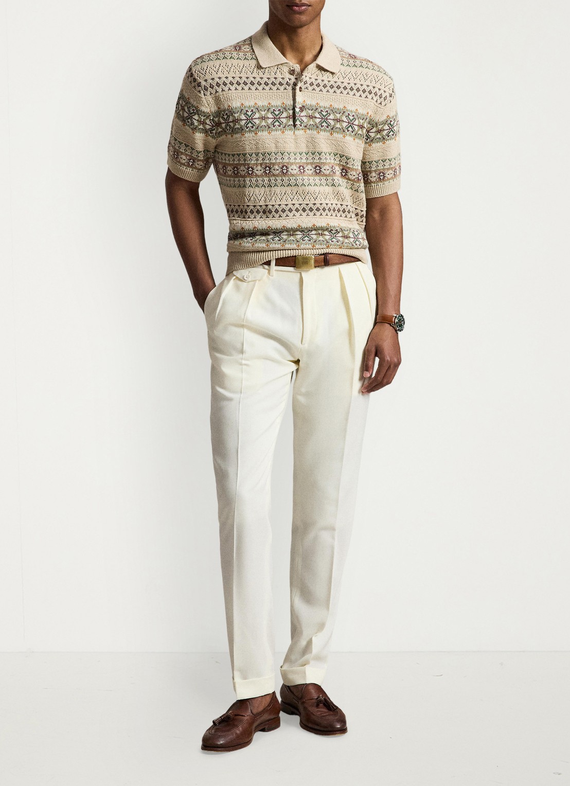 Ralph Lauren Fair Isle fijngebreide slim fit polo in linnenblend met ingebreid patroon - detail 3 tan combo / beige