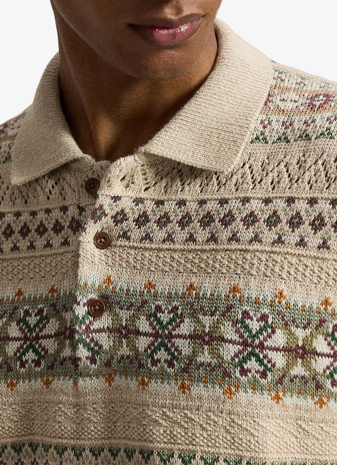 Ralph Lauren Fair Isle fijngebreide slim fit polo in linnenblend met ingebreid patroon - detail 4 tan combo / beige