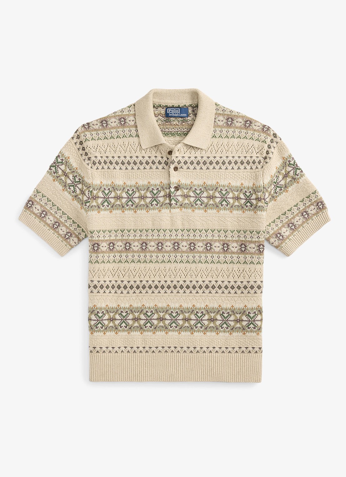 Ralph Lauren Fair Isle fijngebreide slim fit polo in linnenblend met ingebreid patroon - voorkant tan combo / beige