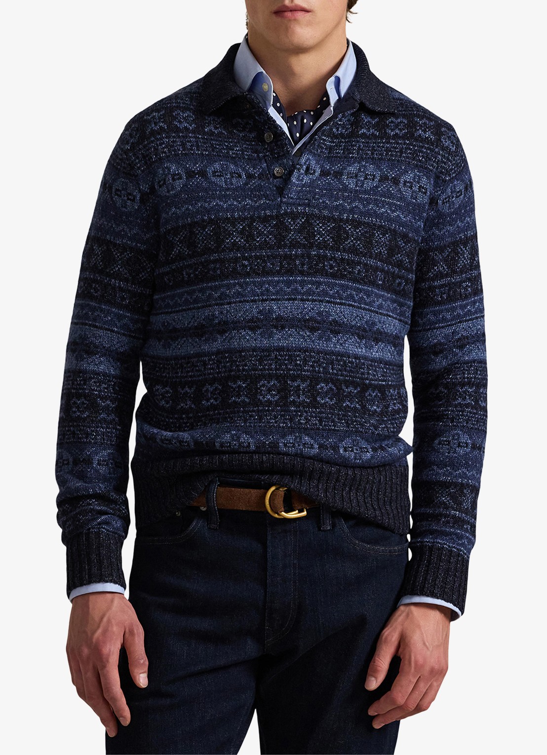 Ralph Lauren Fair Isle fijngebreide trui in wolblend met polokraag - detail 3 donkerblauw