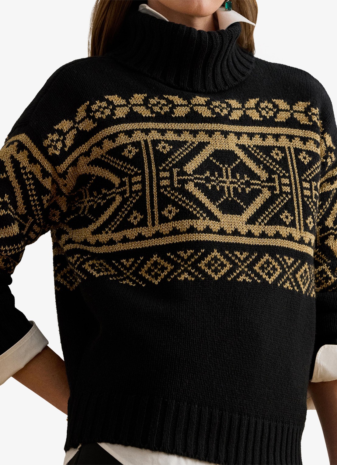 Ralph Lauren Fair Isle grofgebreide trui in wolblend met col - detail 2 black - relic gold metallic / zwart - goud