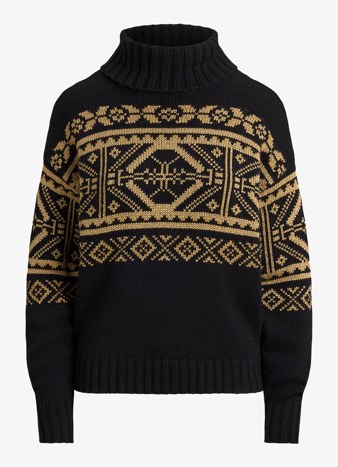 Ralph Lauren Fair Isle grofgebreide trui in wolblend met col - voorkant 3 black - relic gold metallic / zwart - goud
