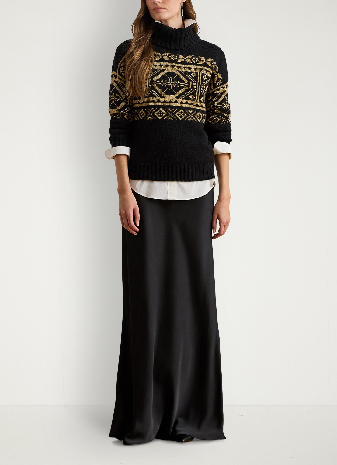Ralph Lauren Fair Isle grofgebreide trui in wolblend met col - voorkant 4 black - relic gold metallic / zwart - goud