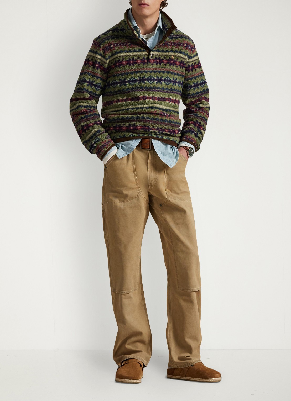 Ralph Lauren Fair Isle trui van fleece met polokraag - voorkant 3 green combo / groen