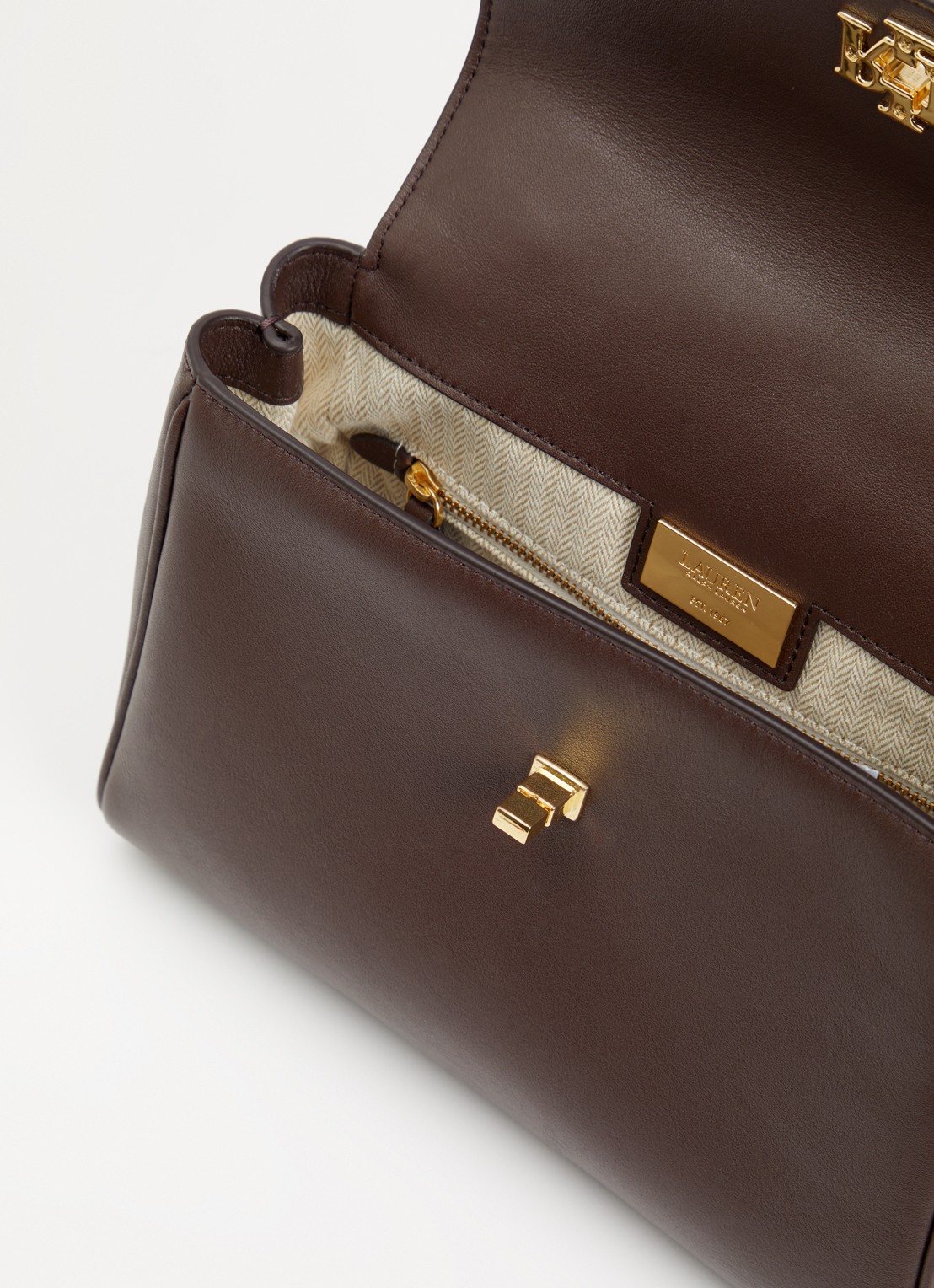 Ralph Lauren Farrah Small handtas van leer met afneembare schouderriem - detail donkerbruin
