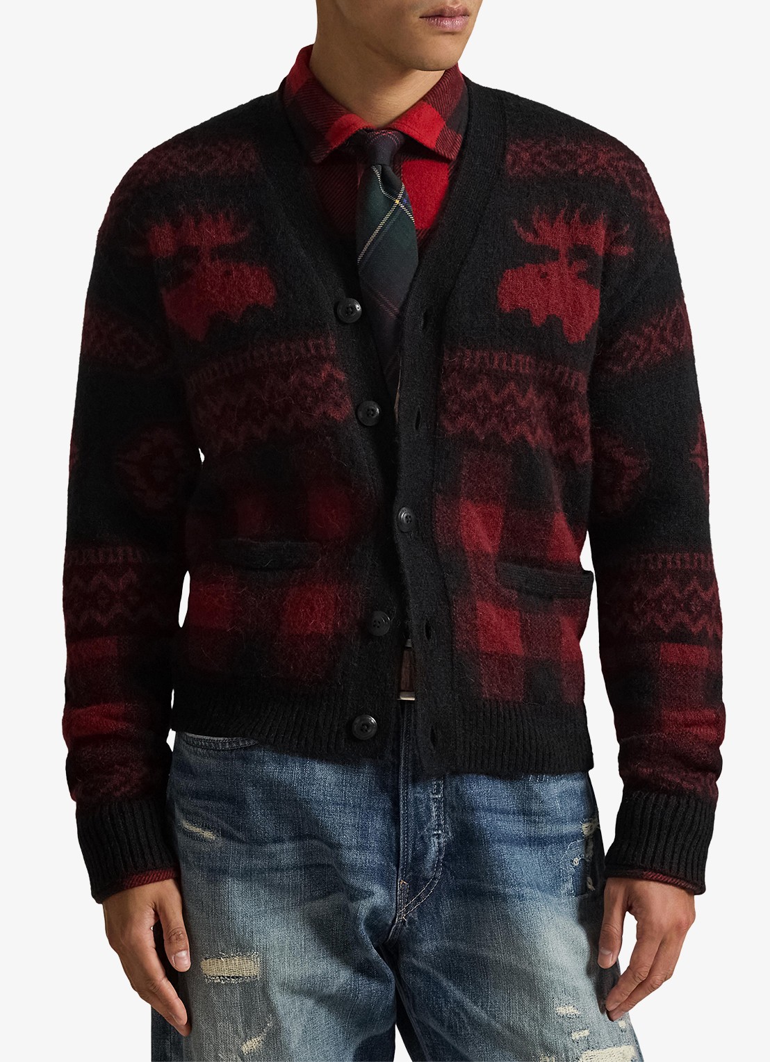 Ralph Lauren Fijngebreid vest met ingebreid patroon - detail 2 black red combo / rood