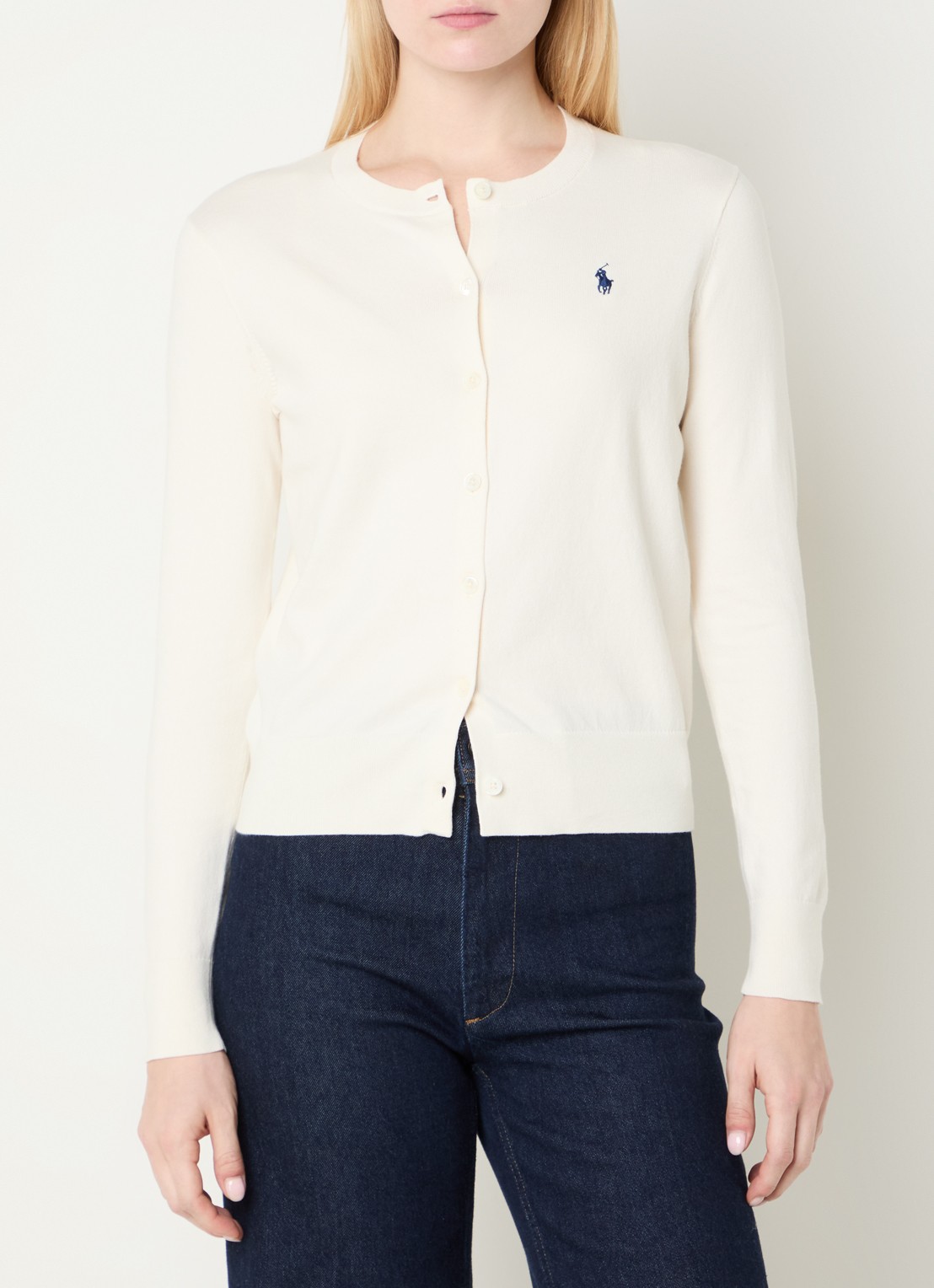 Ralph Lauren Fijngebreid vest met logoborduring - detail gebroken wit