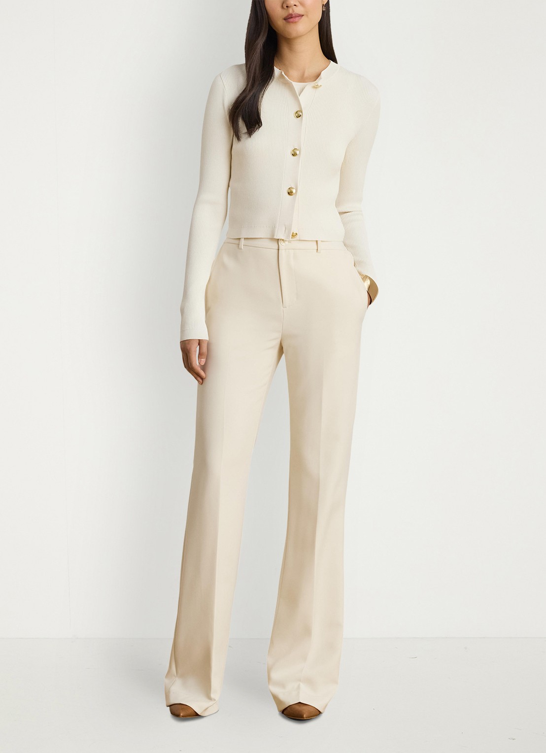 Ralph Lauren Fijngebreid vest met ribstructuur - voorkant 5 creme
