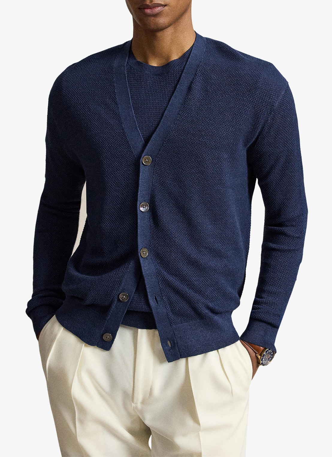 Ralph Lauren Fijngebreid vest van linnen - voorkant 5 newport navy / donkerblauw