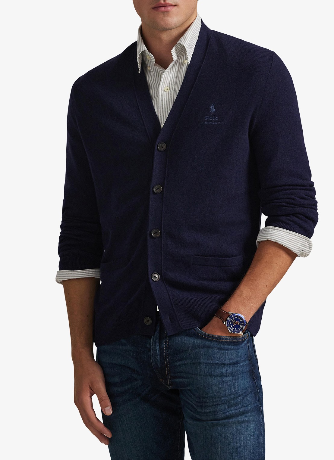 Ralph Lauren FIjngebreid vest van wol met logoborduring - detail 3 hunter navy / donkerblauw