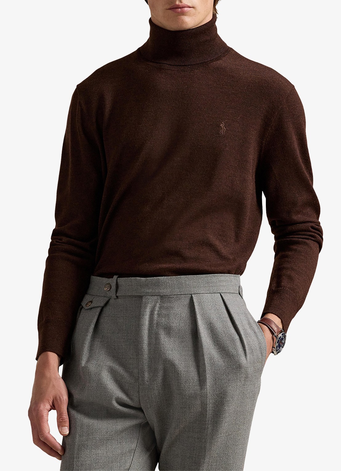Ralph Lauren Fijngebreide coltrui van wol met logoborduring - detail burnt brown melange / bruin