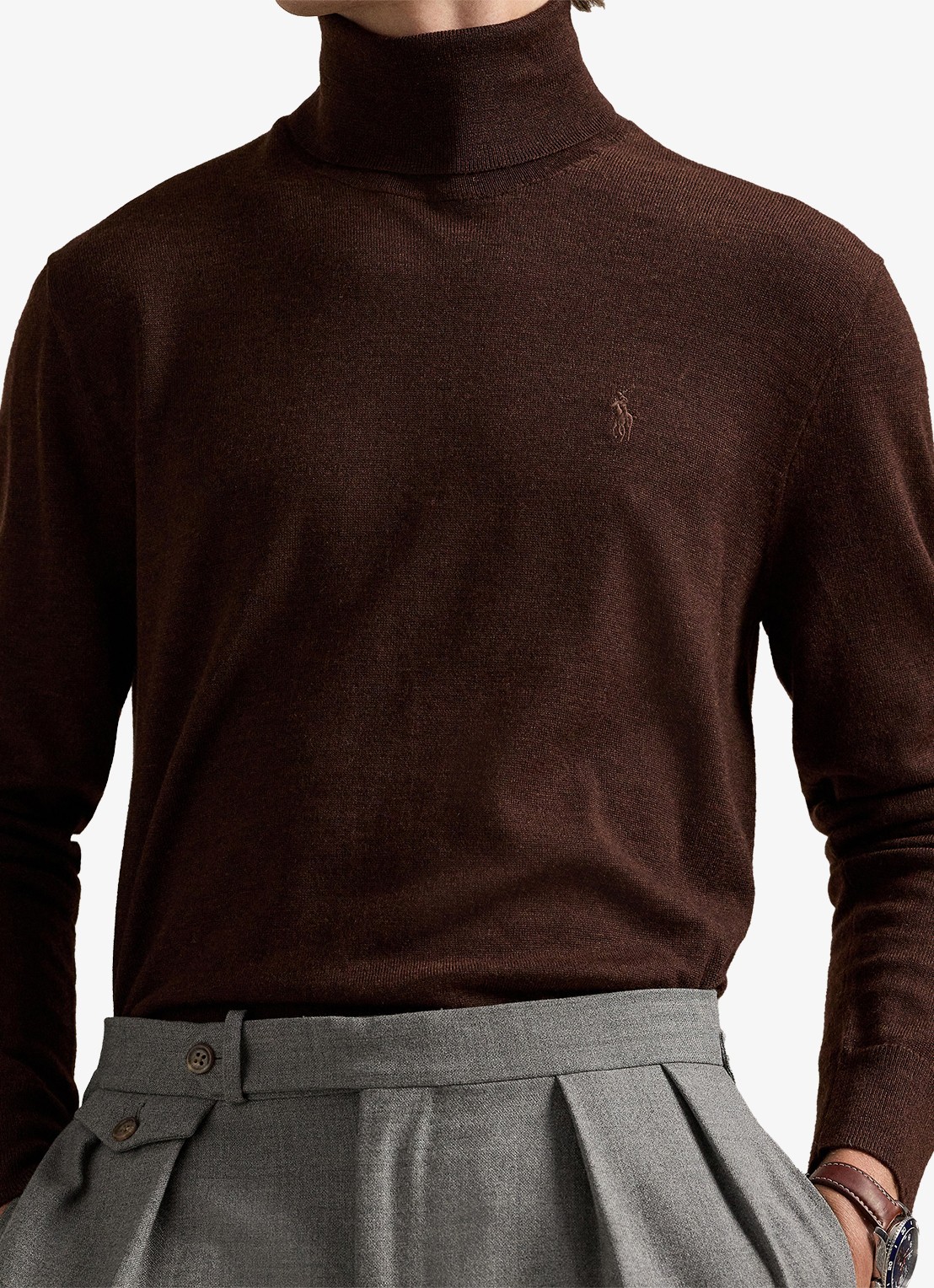 Ralph Lauren Fijngebreide coltrui van wol met logoborduring - detail 2 burnt brown melange / bruin