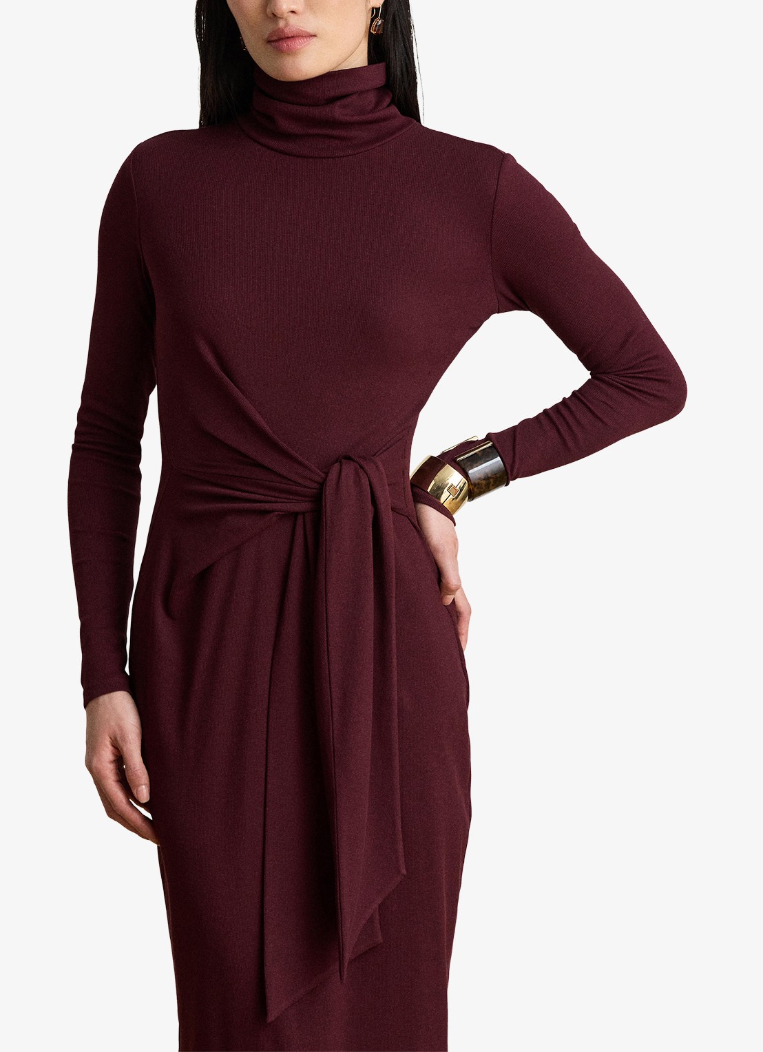 Ralph Lauren Fijngebreide midi jurk met col en strikdetail - detail 3 dark garnet / bordeauxrood