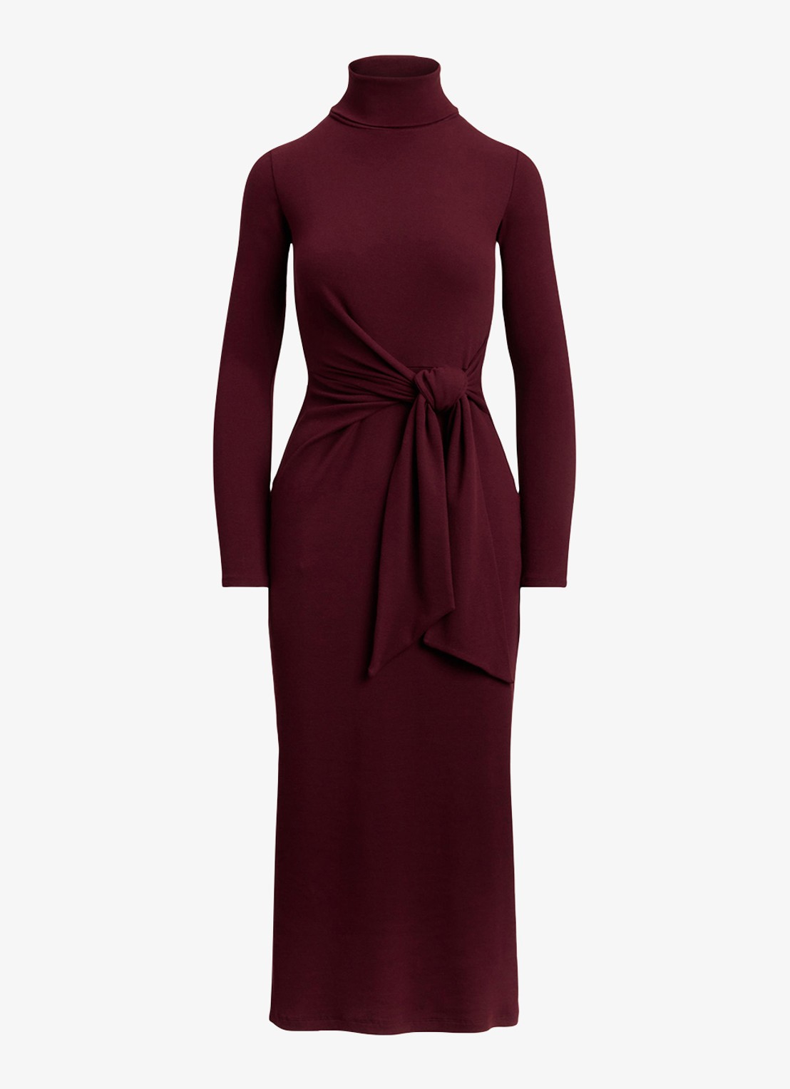 Ralph Lauren Fijngebreide midi jurk met col en strikdetail - voorkant dark garnet / bordeauxrood