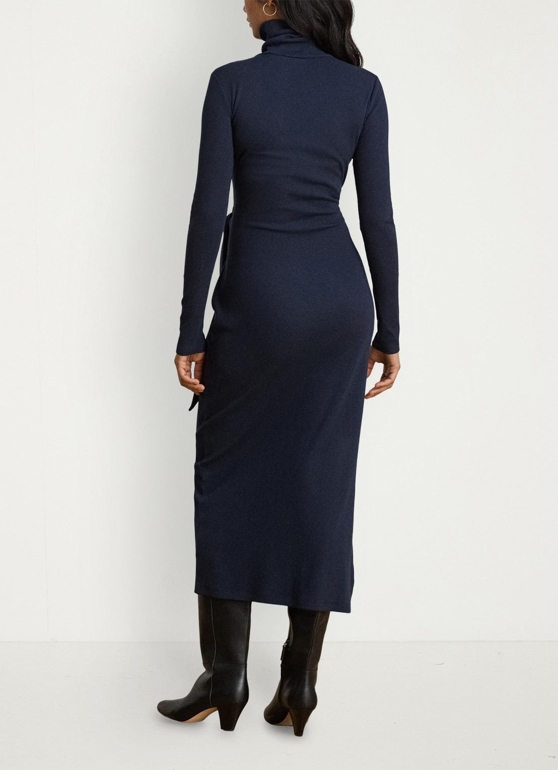 Ralph Lauren Fijngebreide midi jurk met col en strikdetail - achterkant 5 lauren navy / blauw