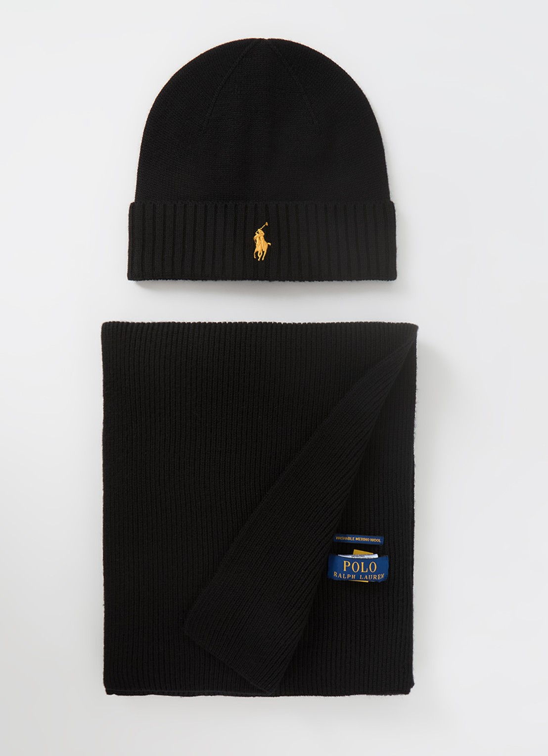 Ralph Lauren Fijngebreide muts en sjaal van wol in giftbox - detail zwart