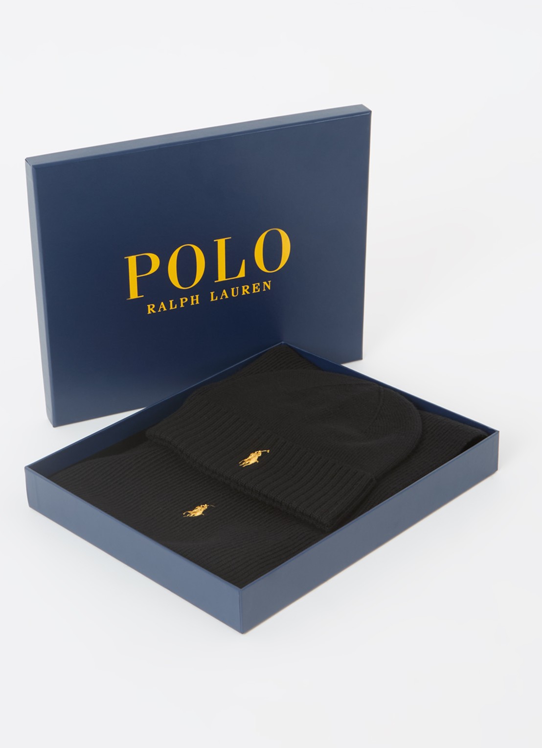 Ralph Lauren Fijngebreide muts en sjaal van wol in giftbox - voorkant 3 zwart