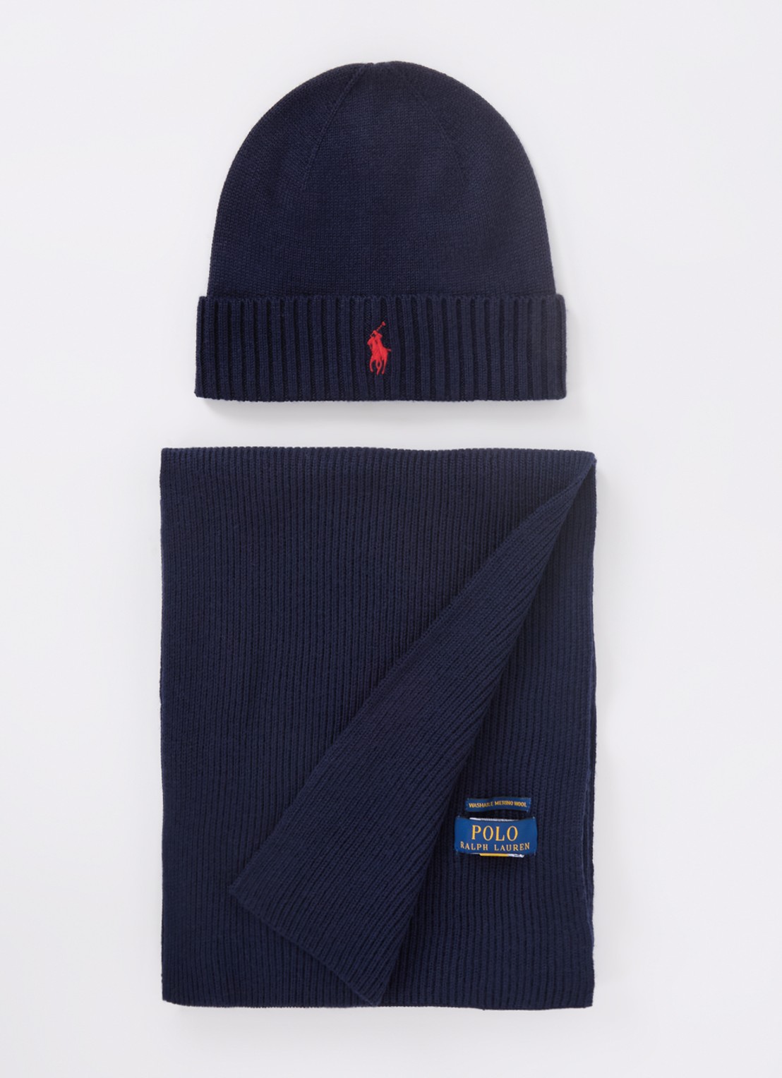 Ralph Lauren Fijngebreide muts en sjaal van wol in giftbox - detail donkerblauw