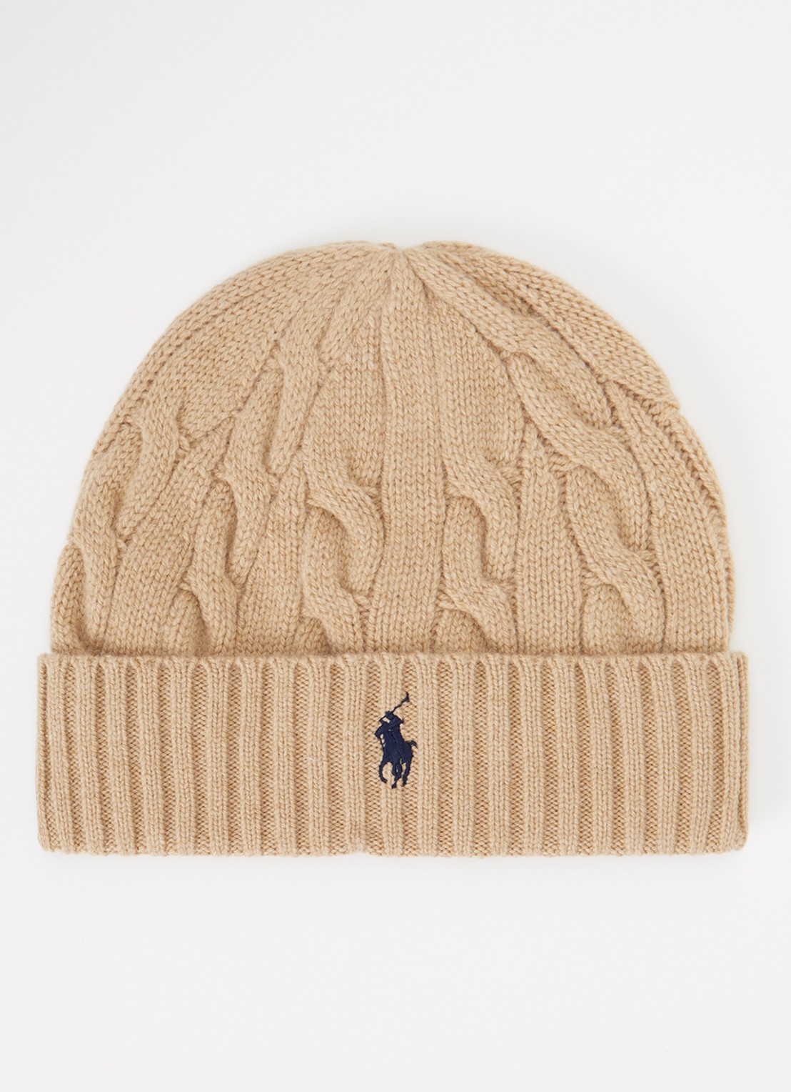 Ralph Lauren Fijngebreide muts met logo  - voorkant camel