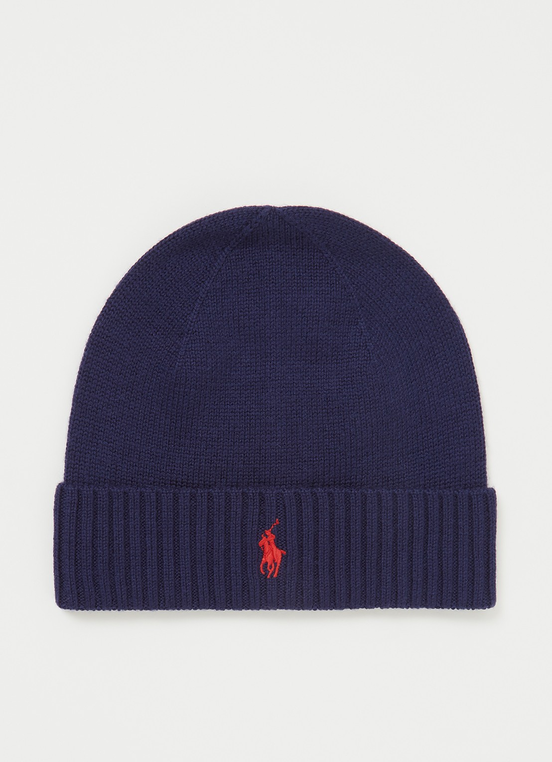 Ralph Lauren Fijngebreide muts van wol met logoborduring - voorkant blauw