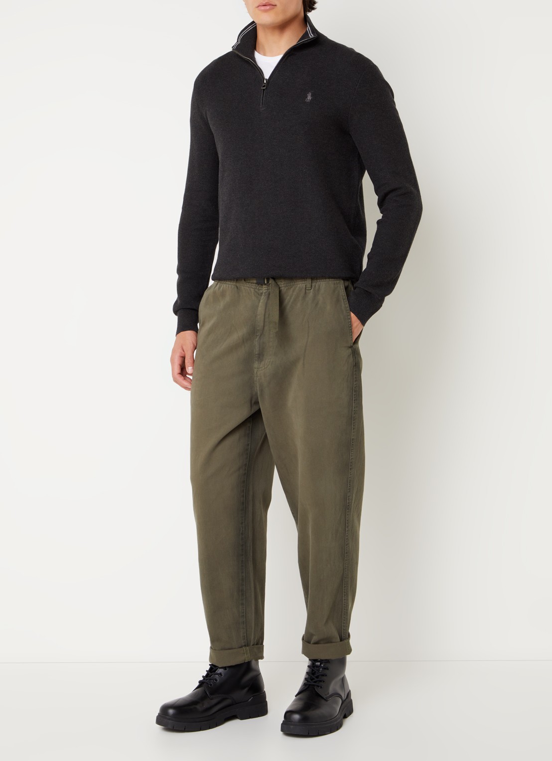 Ralph Lauren Fijngebreide pullover met halve rits en logoborduring - voorkant 4 dark granite hthr / donkergrijs