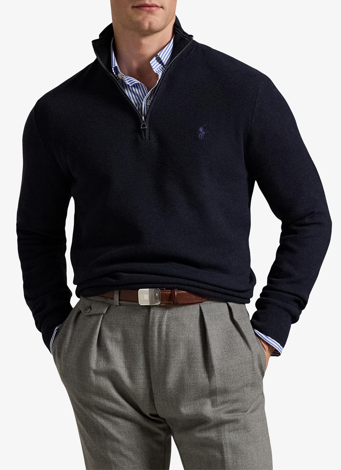 Ralph Lauren Fijngebreide pullover met halve rits en logoborduring - detail 4 navy htr / blauw