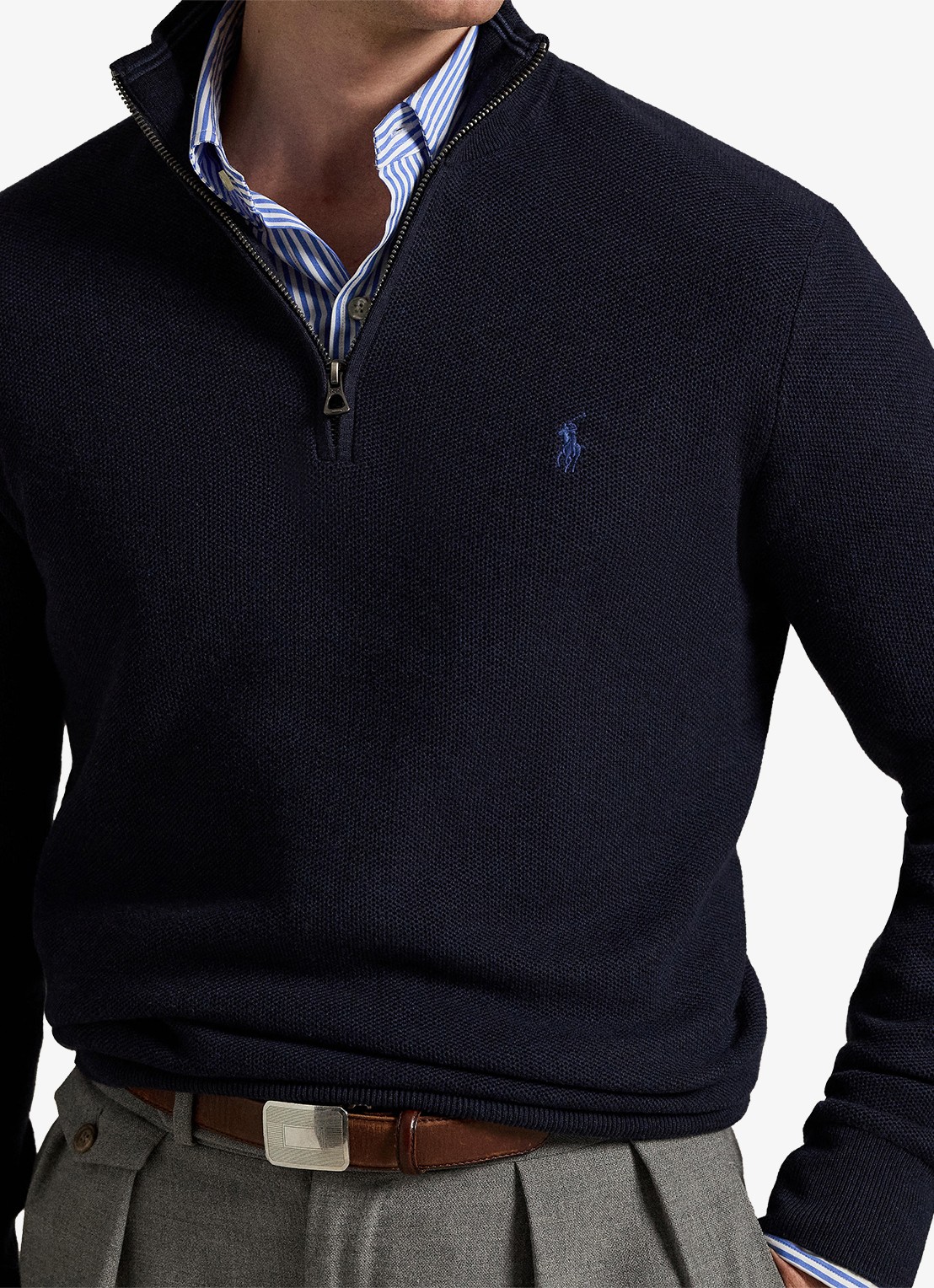 Ralph Lauren Fijngebreide pullover met halve rits en logoborduring - detail 5 navy htr / blauw
