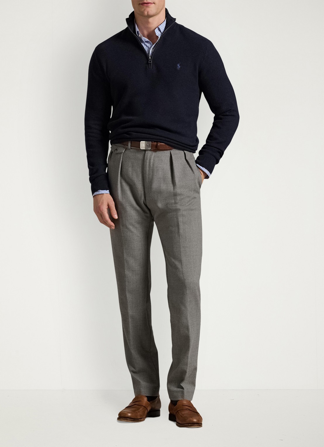 Ralph Lauren Fijngebreide pullover met halve rits en logoborduring - voorkant 3 navy htr / blauw