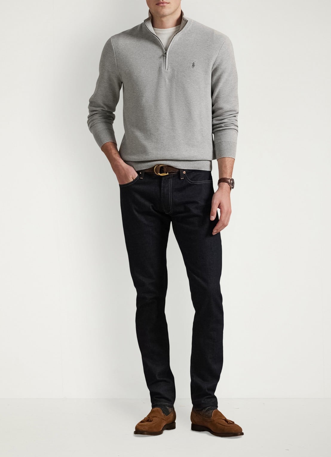 Ralph Lauren Fijngebreide pullover met halve rits en logoborduring - voorkant 2 andover heather / grijs