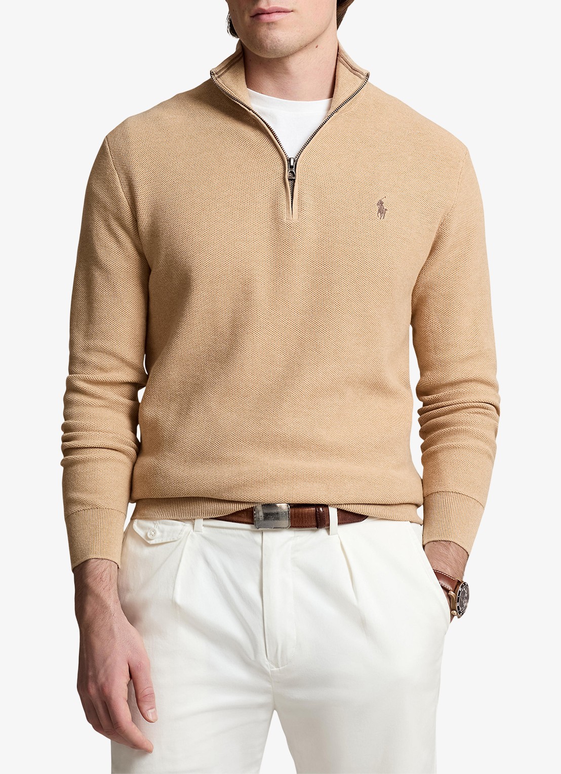 Ralph Lauren Fijngebreide pullover met halve rits en logoborduring - detail camel melange / beige